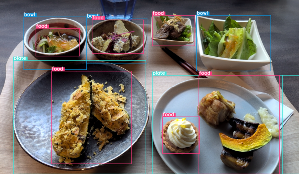 Plates and bowls of food on a wooden table labeled with boxes that accurately identify "plate", "bowl" and "food"