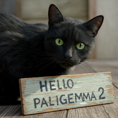 Image of a cat looking at the camera behind a wooden sign that reads 'Hello PaliGemma 2' generated by ImageFX