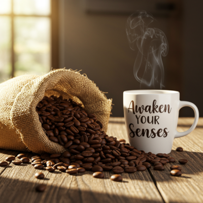 Imagen 3 generated lifestyle image of freshly roasted coffee beans spilling out of a burlap sack onto a rustic wooden table next to a up of coffee with 'Awaken Your Senses' written on the cup in cursive