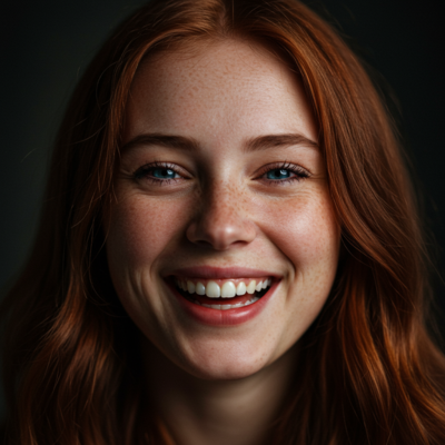 Imagen 3 generated hyperrealistic portrait of a woman with piercing blue eyes, laughing, freckles, dramatic lighting, detailed skin texture, 8k