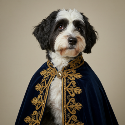 Imagen 3 generated portrait of a sheepadoodle wearing a cape