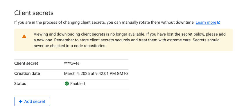 Screenshot from the Google Cloud Console showing a masked client secret