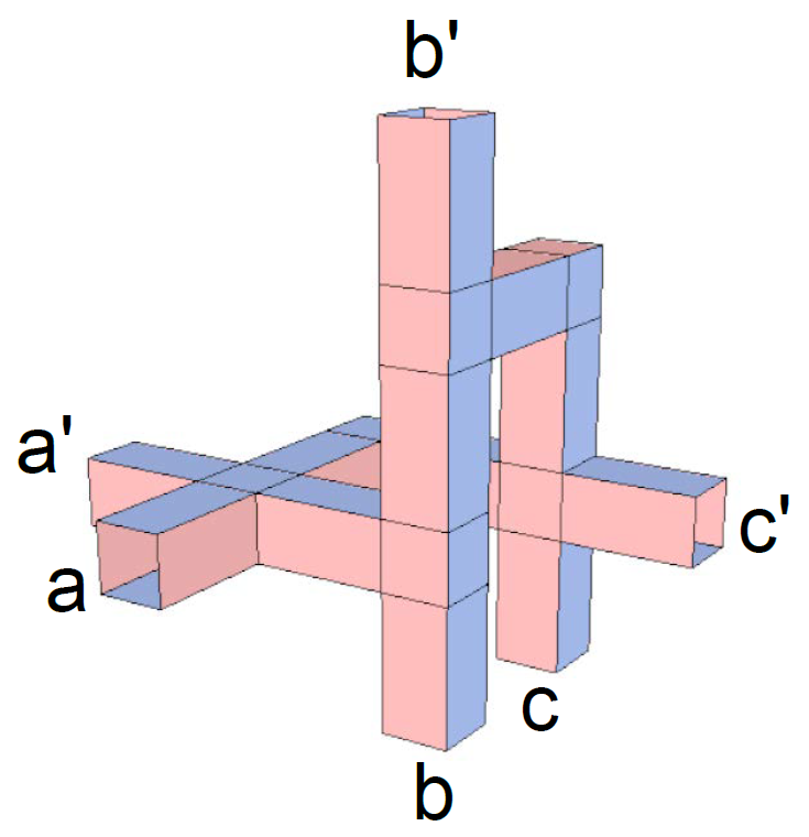 A 3D model of interlocking pink and blue rectangular prisms, labeled a, a', b, b', c, and c'.