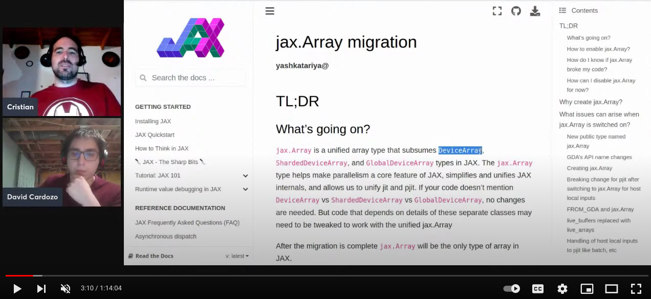 Screen grab of ML GDE David Cardozo and Cristian Garcia during
      a live coding session of a review of new features, specifically Shared Arrays, in the recent
      release of JAX