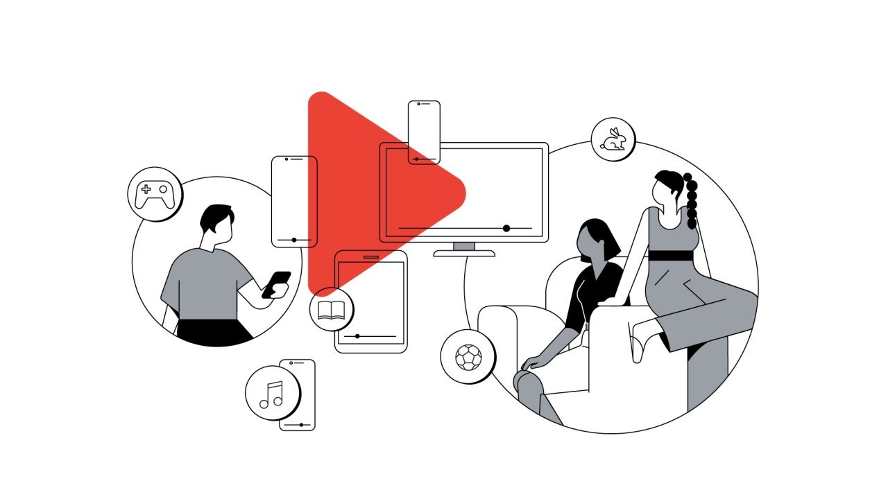 Una figura humana con un celular en la mano, varias pantallas de distinto tipo, dos mujeres sentadas en un sillón, en diferentes círculos. Sobre ellos, un triángulo rojo, el logo de YouTube.