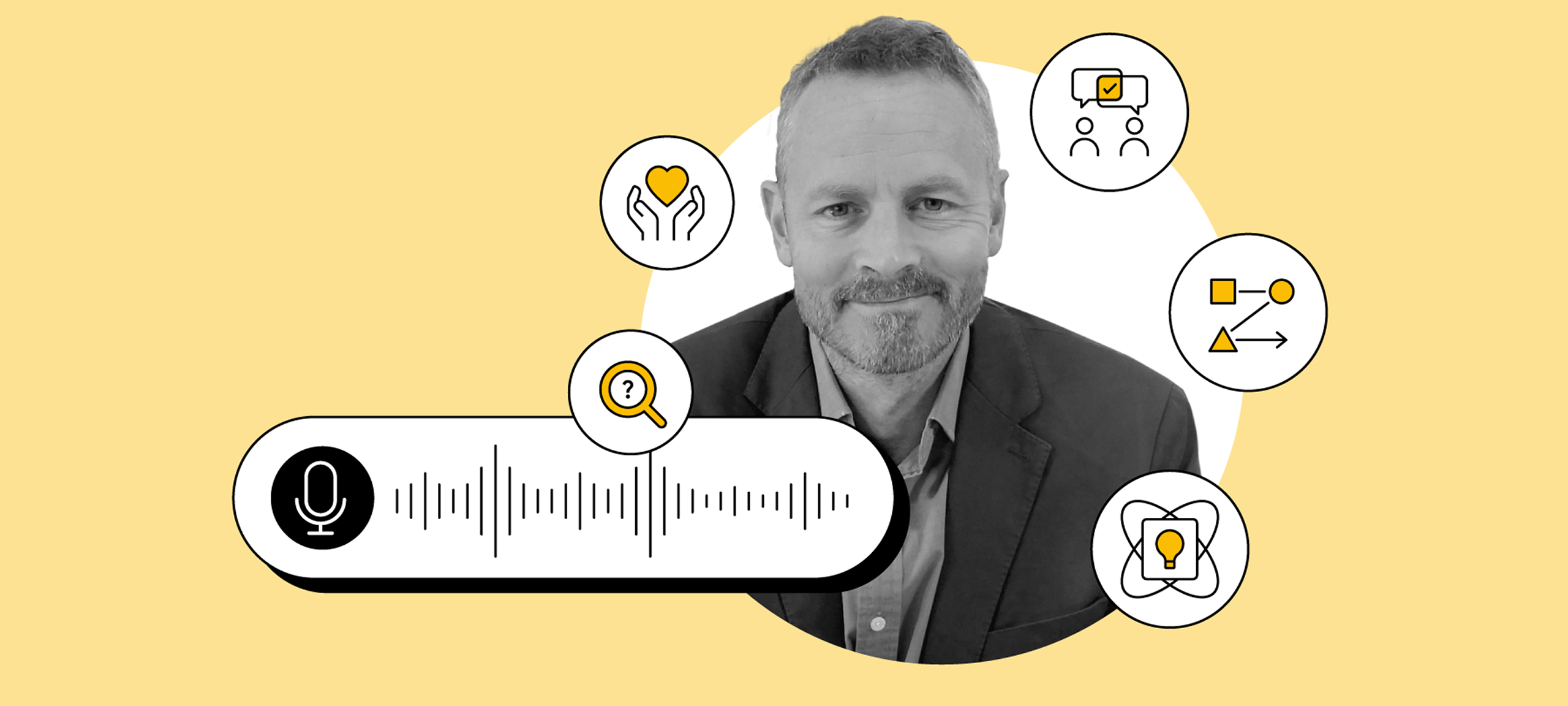 Black and white headshot of Neil Perkin, host of Think with Google’s Firestarters podcast, over a yellow background. To his left, an audio record tab. Floating around him, from left to right, 5 icons representing human skills.